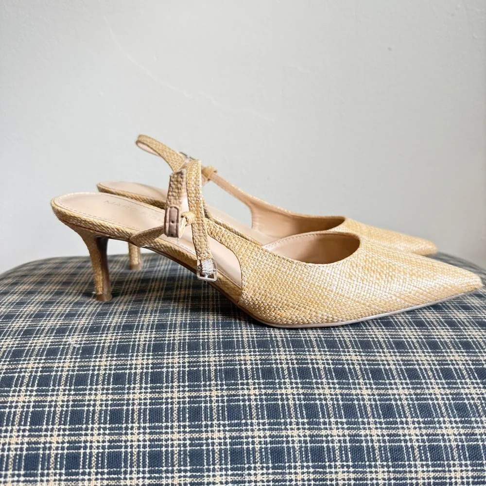 Marc Fisher Zala Woven Raffia Slingback Kitten Heel Pump Size 7.5 Tan